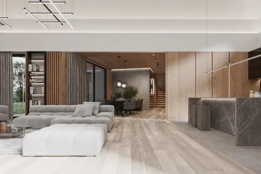 zdjęcie przedstawia salon nowoczesnej stodoły z fornirowanymi ścianami